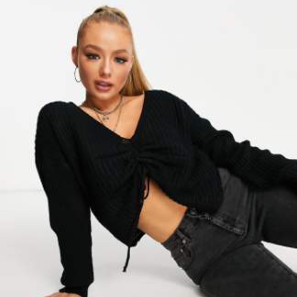 Parisian Black Cinch Front Chunky Knit Sweater Medium Sexy Boutique Going Out